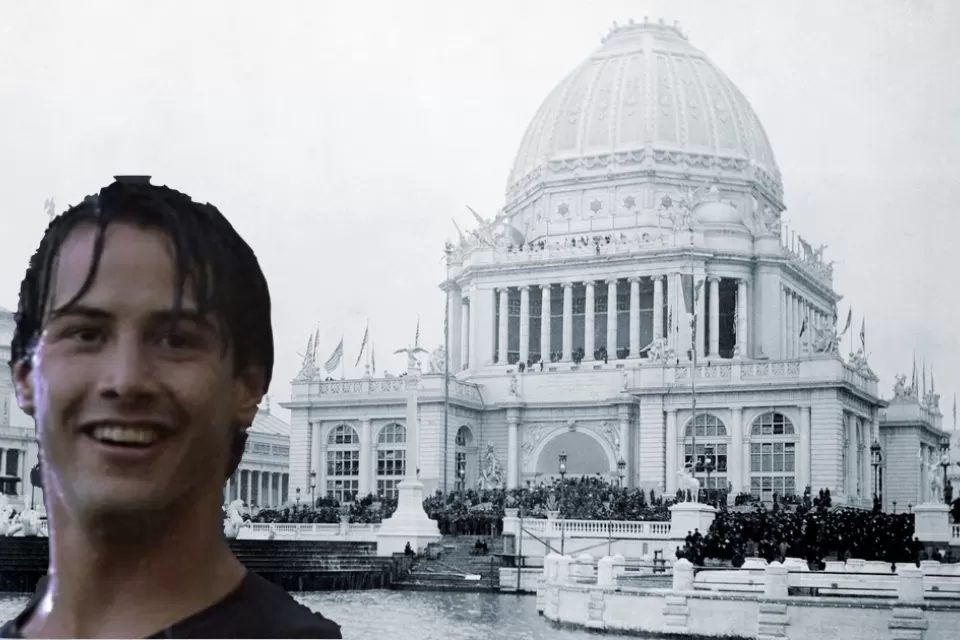 A image of the World's Columbian Exposition overlayed with a picture of Keanu Reeves in the rain from the movie Point Break.